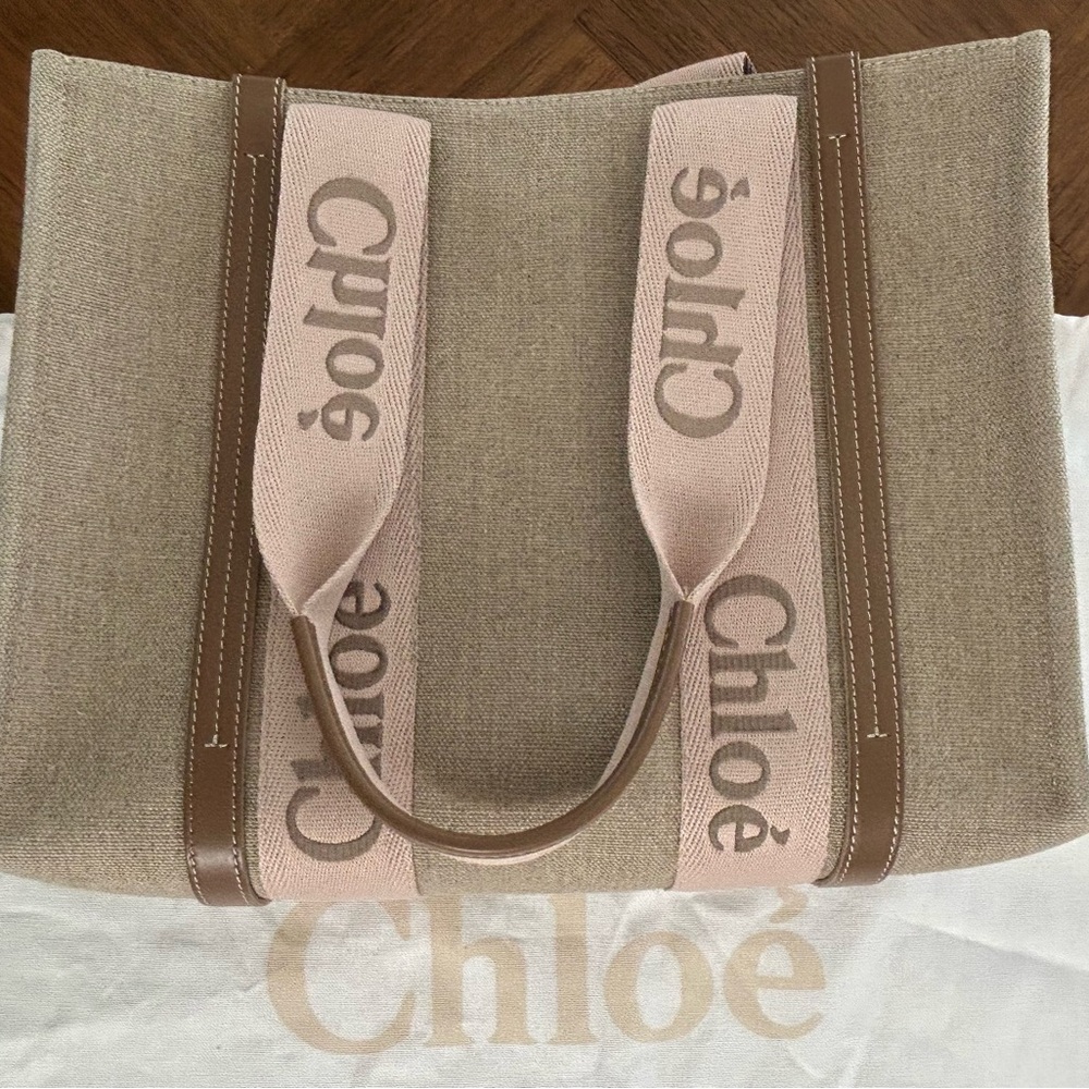 Chloe Medium Woody Tote Blushy Beige color Canvas w/ Brown Leather & Pink Straps